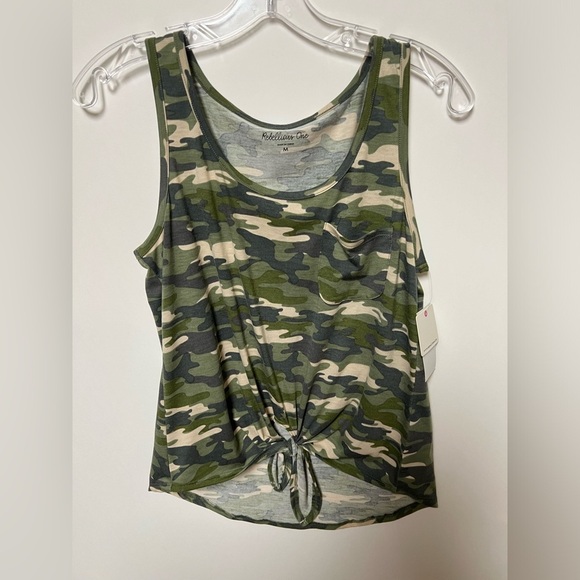 REBELLIOUS ONE. CAMOUFLAGE KNOT FRONT SLEEVELESS TANK TOP - Picture 1 of 5